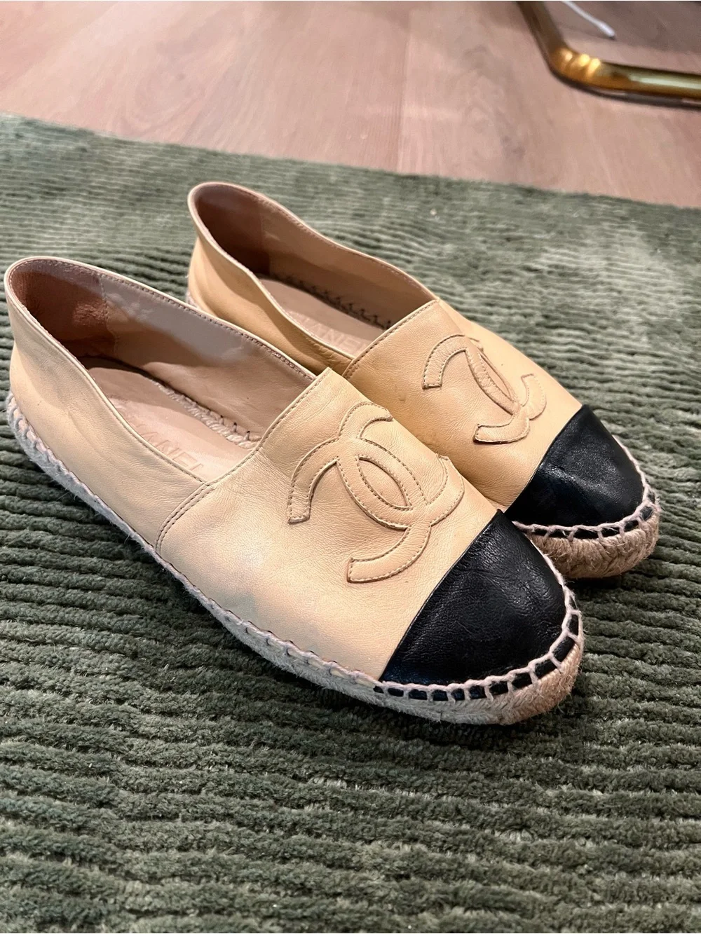 Chanel Two-Tone Leather Espadrilles in Beige and Black
